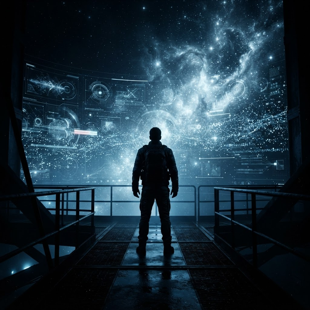 A person contemplating a glowing wall of data and light